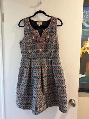 Moulinette Soeurs Sleeveless Embroidered A-Line Dress in Teal, Pink, Black